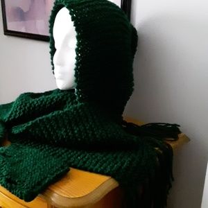 Knit hooded scarf with fingerless mittens